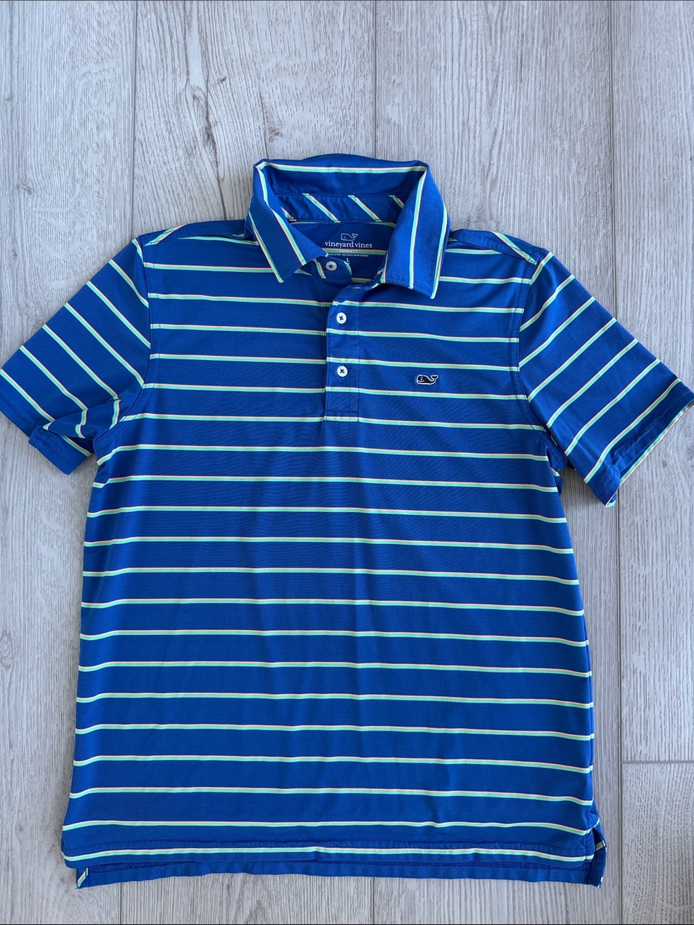 Vineyard Vines Blue Striped Polo with Light Green Accents
